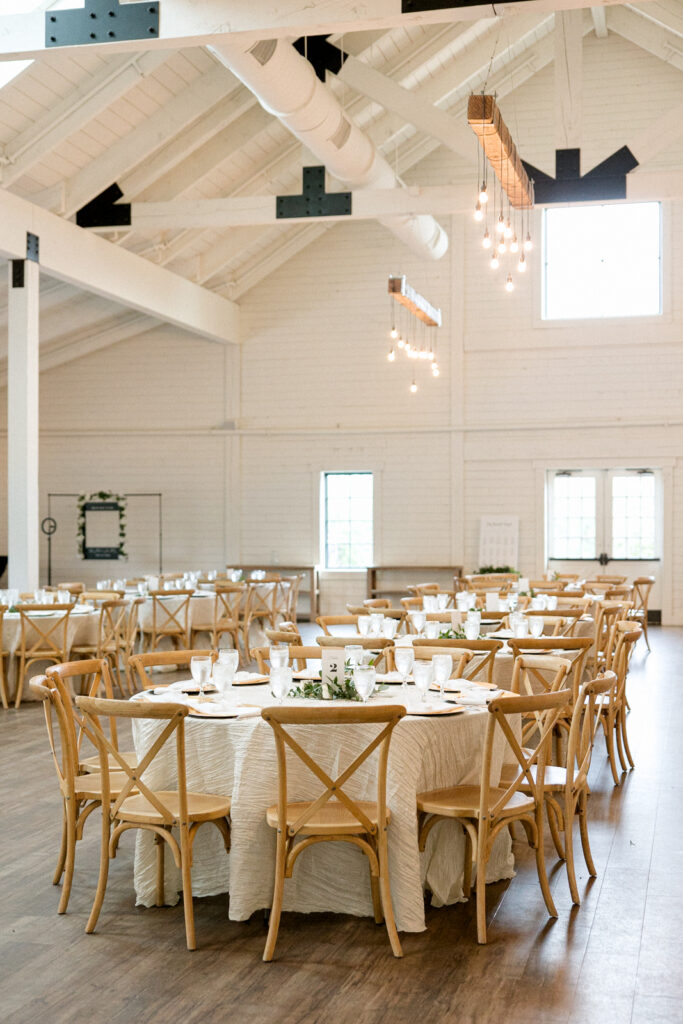 The spacious and modern reception space at Morgan Creek Barn in Dripping Springs, Texas.