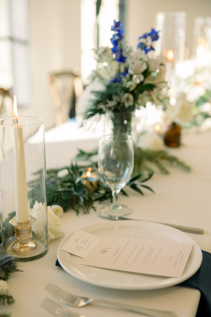 The Arlo table scape at wedding reception, place setting, menu 
