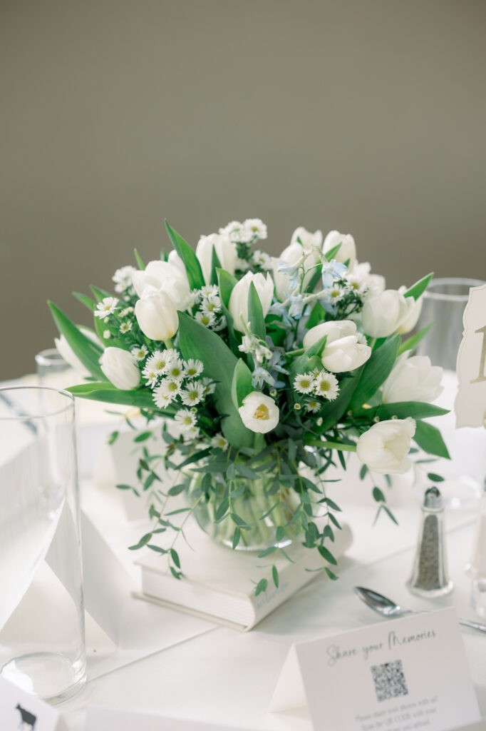 Floral centerpiece arrangement on table in the reception hall in San Antonio at the Veranda 