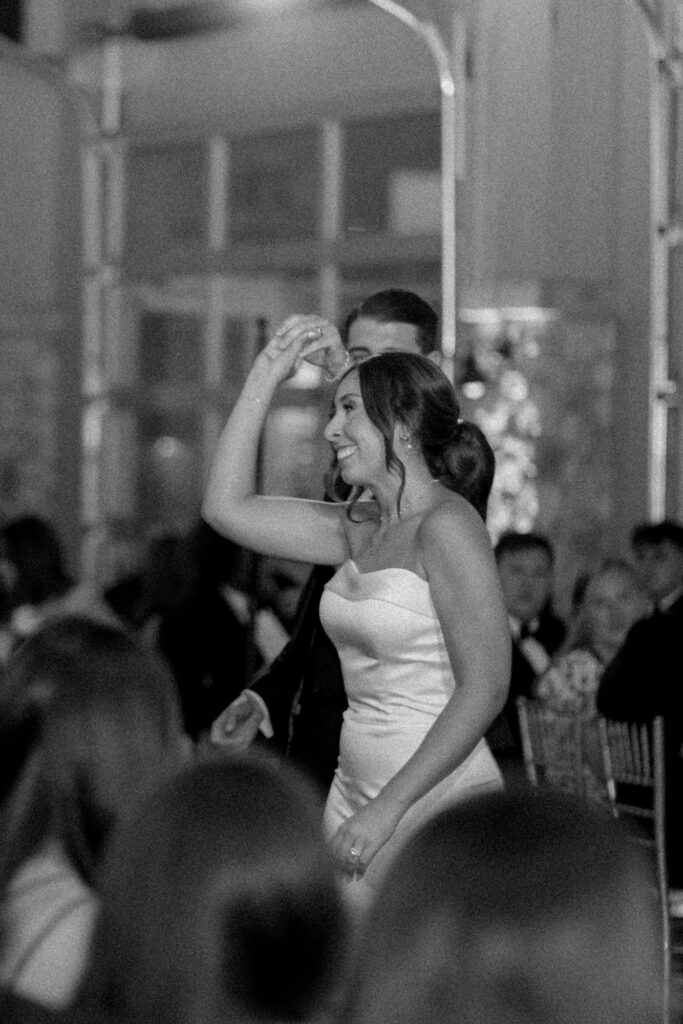 Bride smiling during her first dance at the Veranda in San Antonio